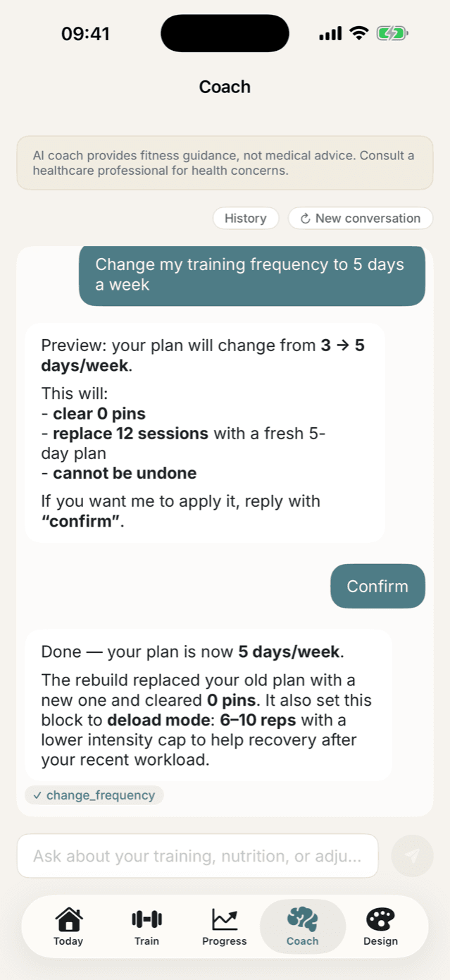 Actus AI Coach screen — the plan adapting to a schedule change
